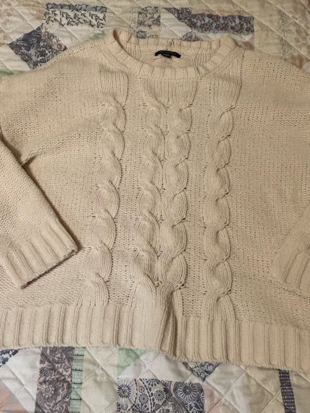 American Eagle Outfitters Beige Cable Knit Crew Sweater